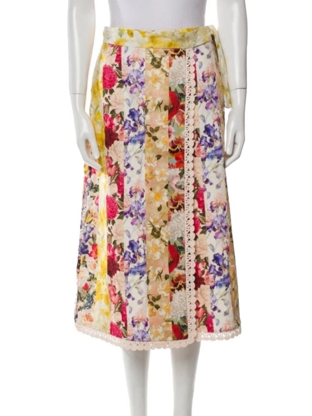 Zimmermann Wonderland Multi Floral Patchwork Tie-Waist Midi Skirt 0P - Picture 2 of 4